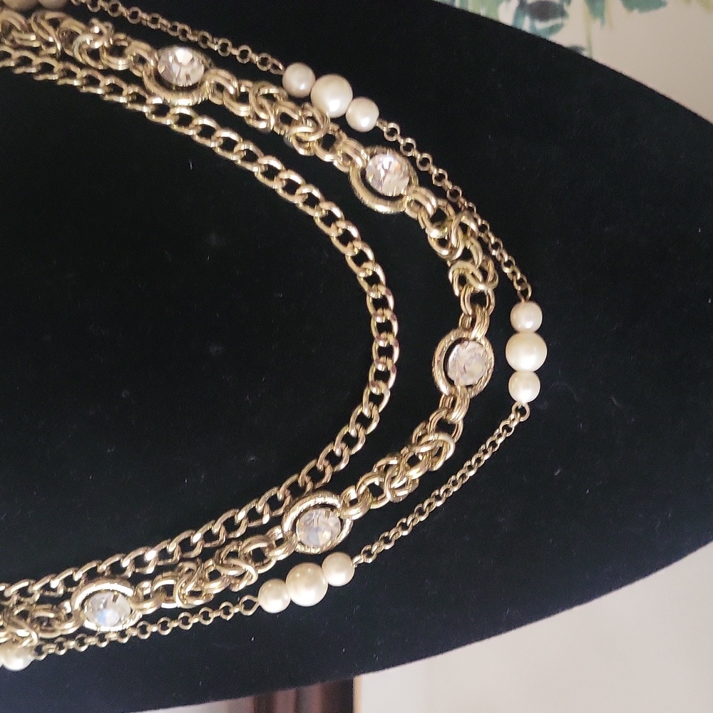 Triple Chain Strand Elegant Gold, Crystal and Pearl Necklace
